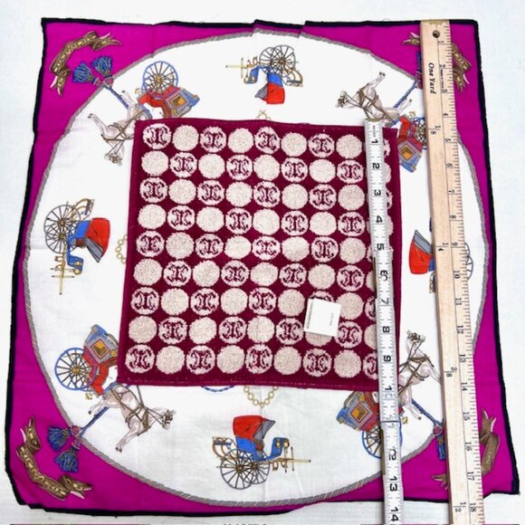 Set of 2 Celine Paris 1 Handkerchief 19" Cotton +1 Hand Towel 10" pink horse(67) - Picture 6 of 7